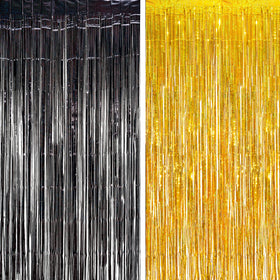 BRAVESHINE front view of black gold foil fringe curtain, adds instant party sparkle