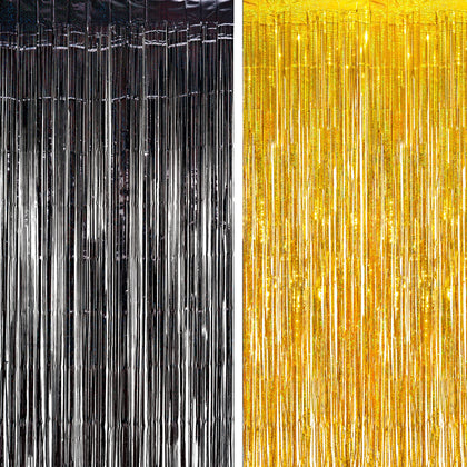 BRAVESHINE front view of black gold foil fringe curtain, adds instant party sparkle
