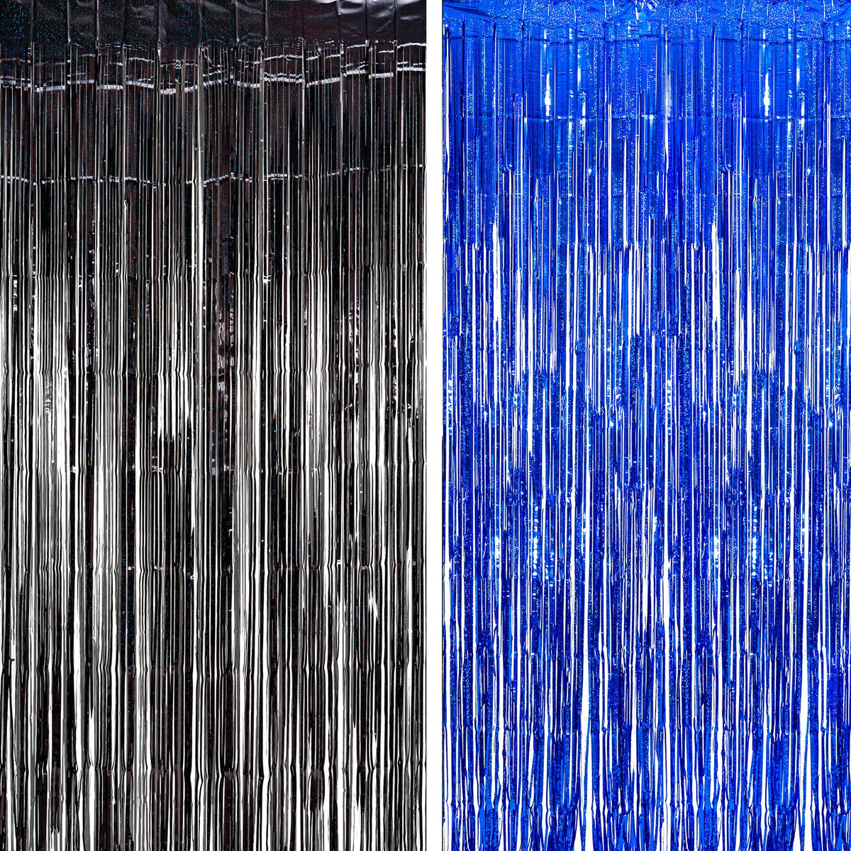 BRAVESHINE foil fringe curtain in black and blue metallic adds sparkle for photo booths.