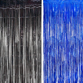 BRAVESHINE foil fringe curtain in black and blue metallic adds sparkle for photo booths.