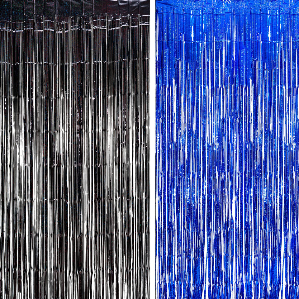 BRAVESHINE foil fringe curtain in black and blue metallic adds sparkle for photo booths.