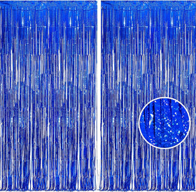 BRAVESHINE front view of blue tinsel curtain packaging showing product benefit of easy setup