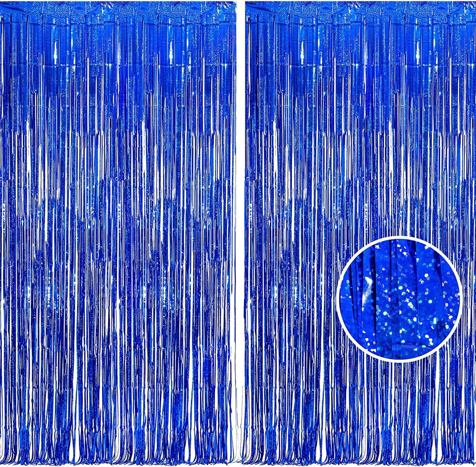 BRAVESHINE front view of blue tinsel curtain packaging showing product benefit of easy setup