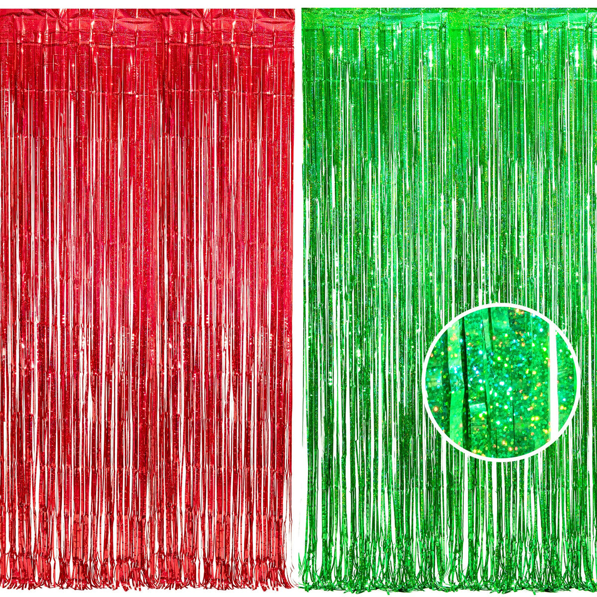 BRAVESHINE front view of red and green foil curtain pack adding vibrant backdrop