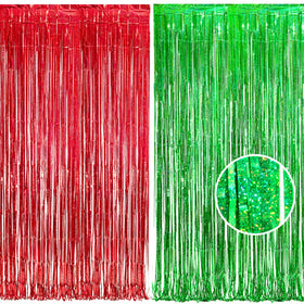 BRAVESHINE front view of red and green foil curtain pack adding vibrant backdrop
