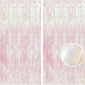 BRAVESHINE iridescent foil fringe backdrop enhances photo booths with sparkling shimmer.