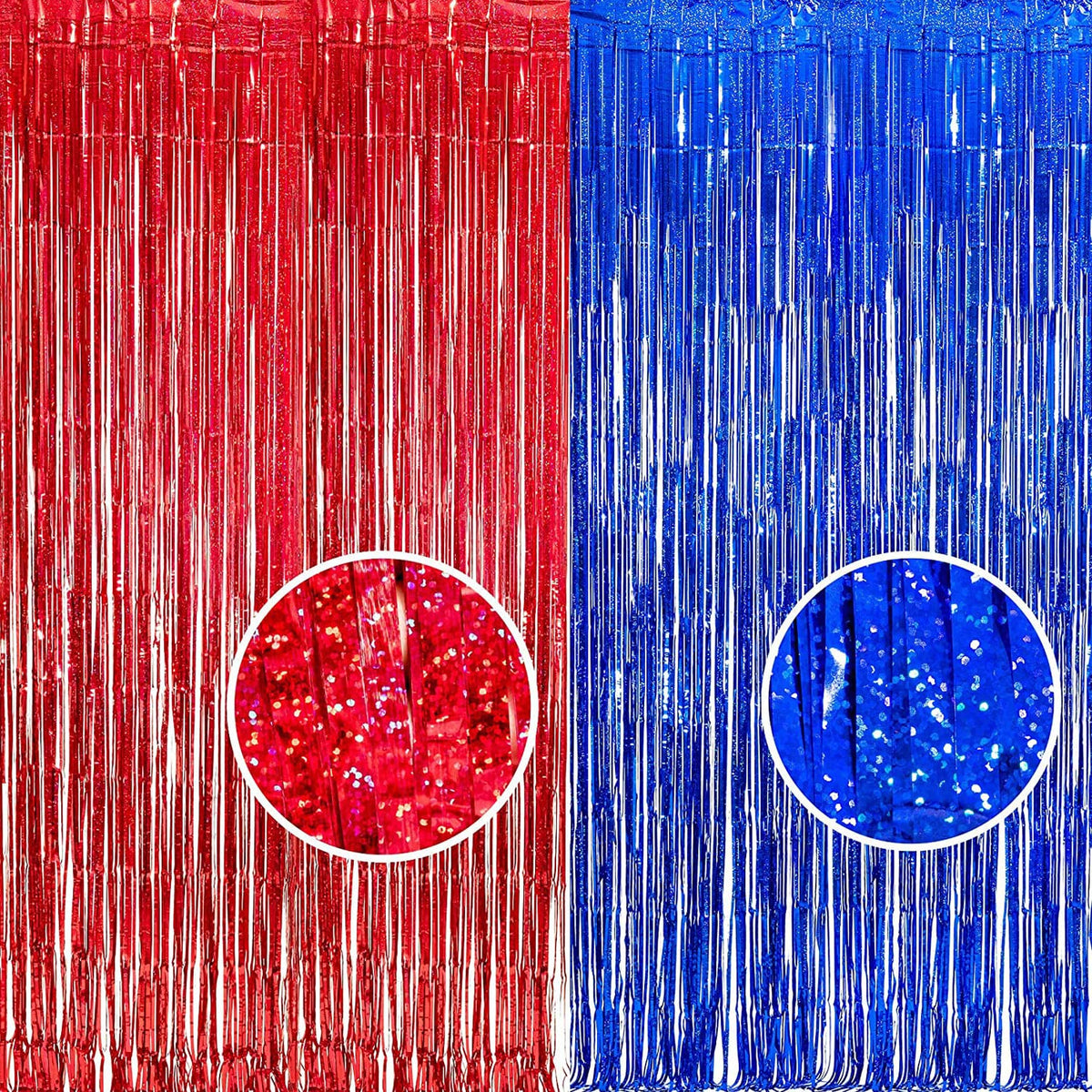 BRAVESHINE foil fringe curtain in red and blue creates a festive photo backdrop.