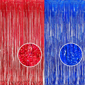 BRAVESHINE foil fringe curtain in red and blue creates a festive photo backdrop.