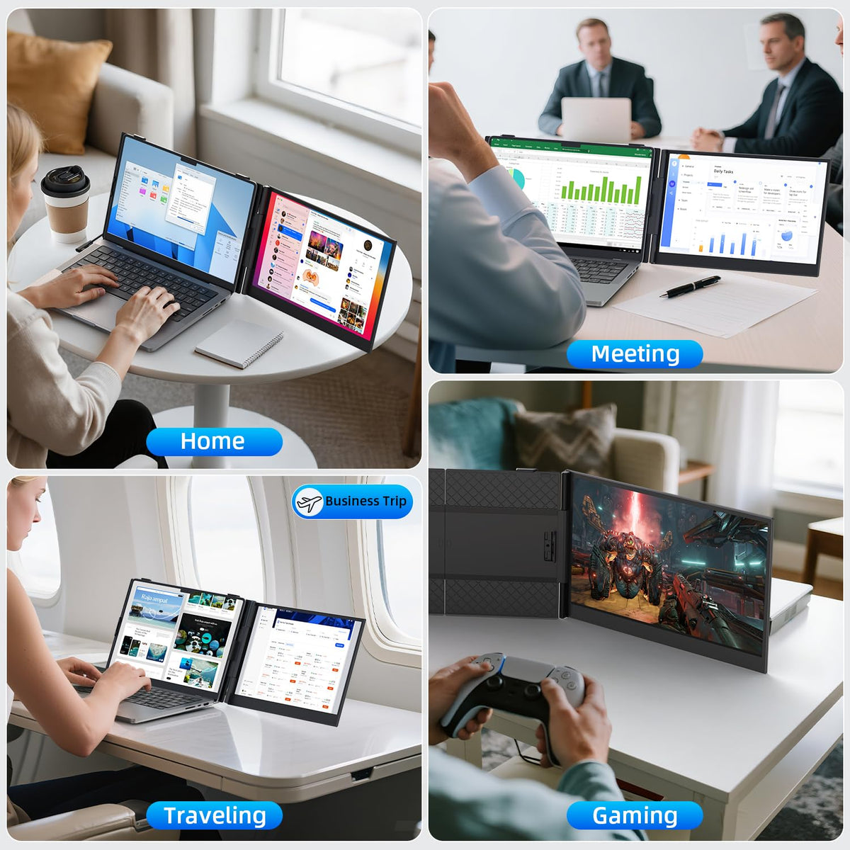 BreezyLife 14-inch dual-screen used during a video call with extended workspace.