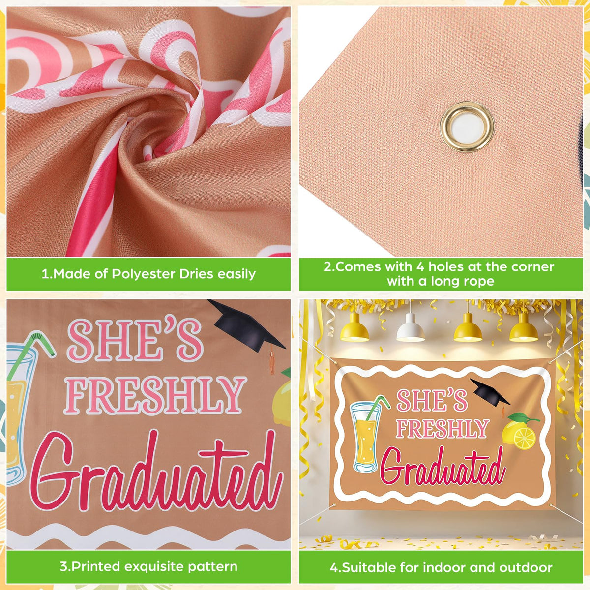 Breling graduation backdrop printed on 100D polyester for crisp, durable visuals.