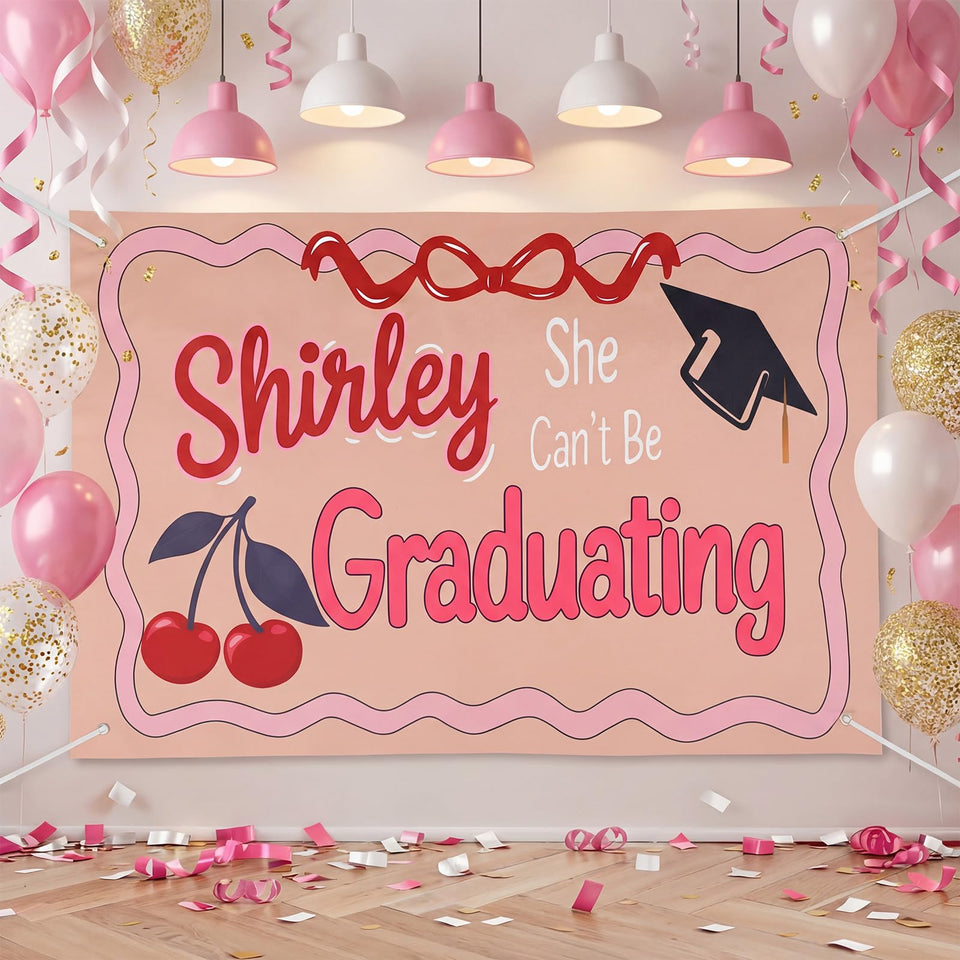 Breling graduation backdrop with Shirley Temple Bar motifs for festive photos.