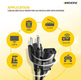 BRENDAZ 3-prong power cord for desktops, TVs, and printers.