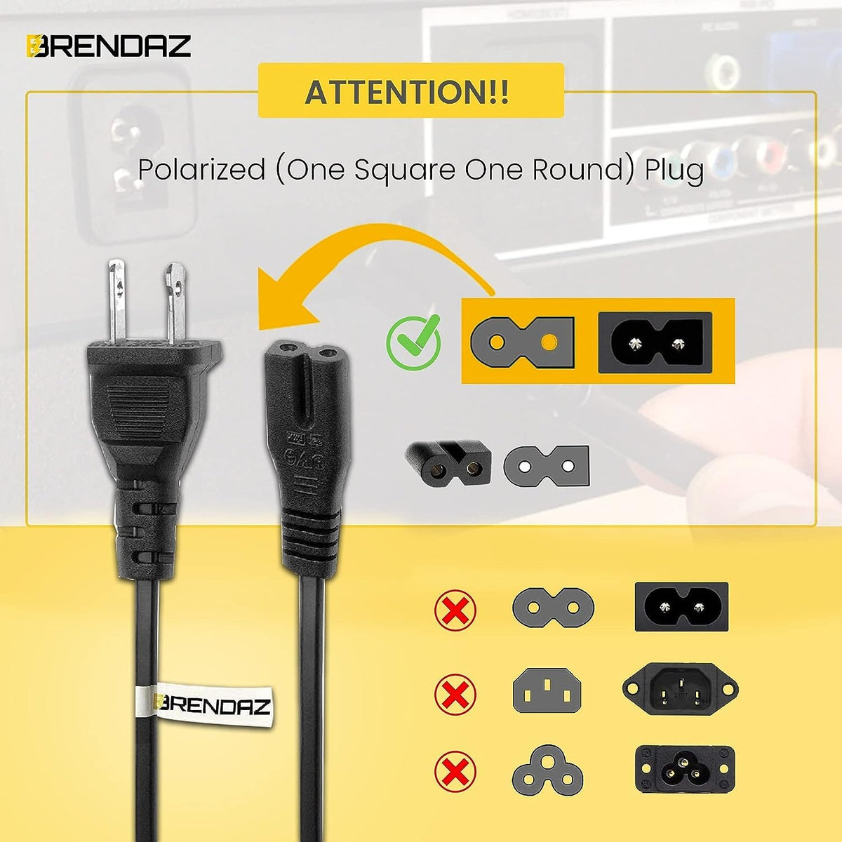 BRENDAZ close-up of IEC C7 and NEMA 1-15P connectors for secure fit