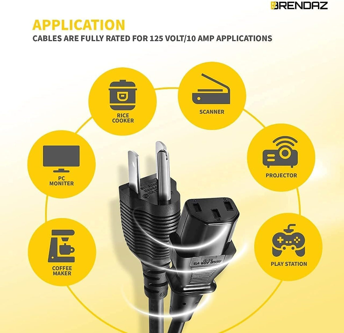 BRENDAZ easy-connect 3-prong power cable ideal for quick setup on PCs and printers.