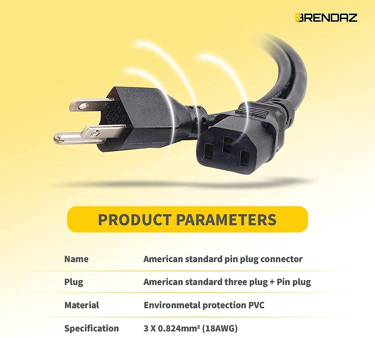 BRENDAZ IEC 320-C13 to NEMA 5-15P cable for versatile power connections.