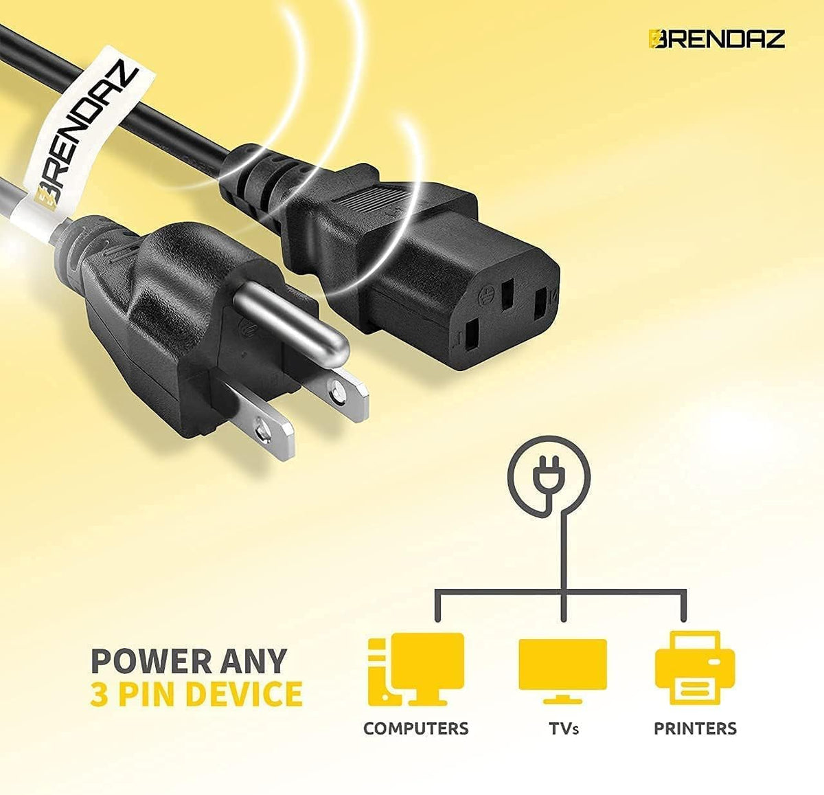 BRENDAZ IEC320 C13 to NEMA 5-15P cord in 15ft length, compatible with many outlets.