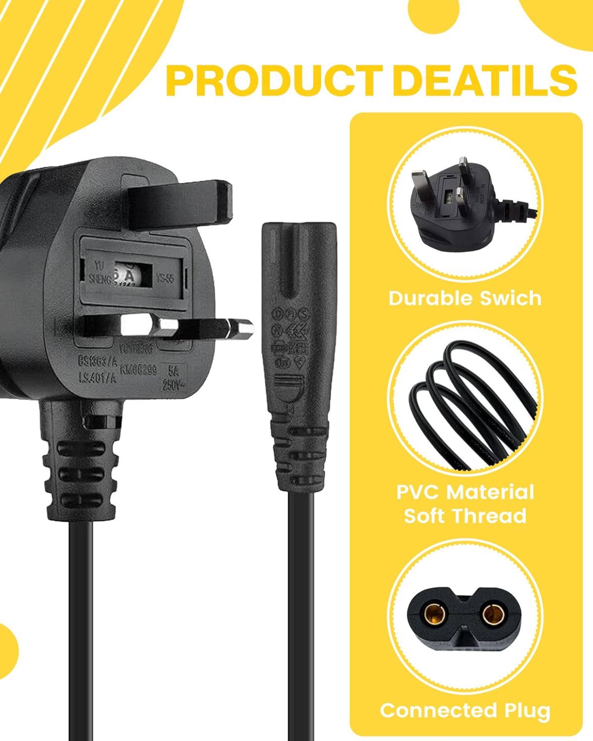 Brendaz 6ft UK plug cord offering flexible reach for desks and outlets
