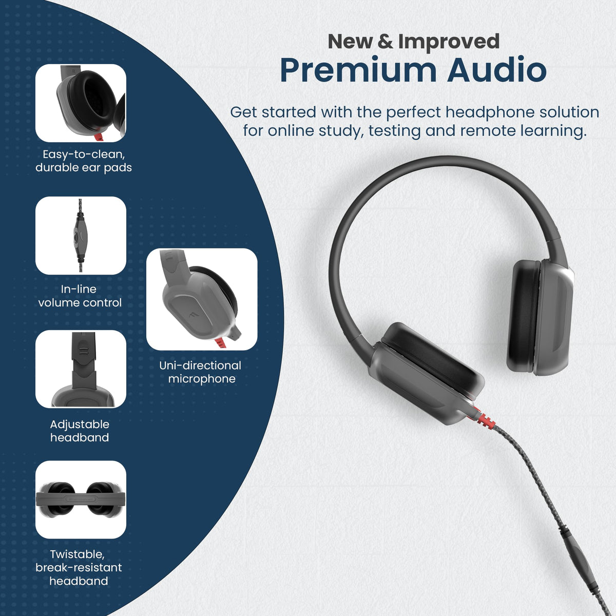Brenthaven Rugged 2 headphones with in-line mic and volume controls for lessons.