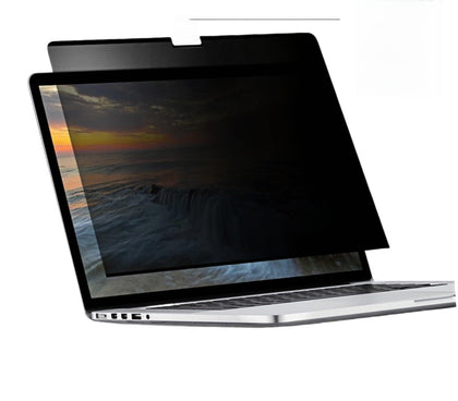 Brevynx easy-on-off magnetic privacy filter in use on a MacBook Air for private viewing