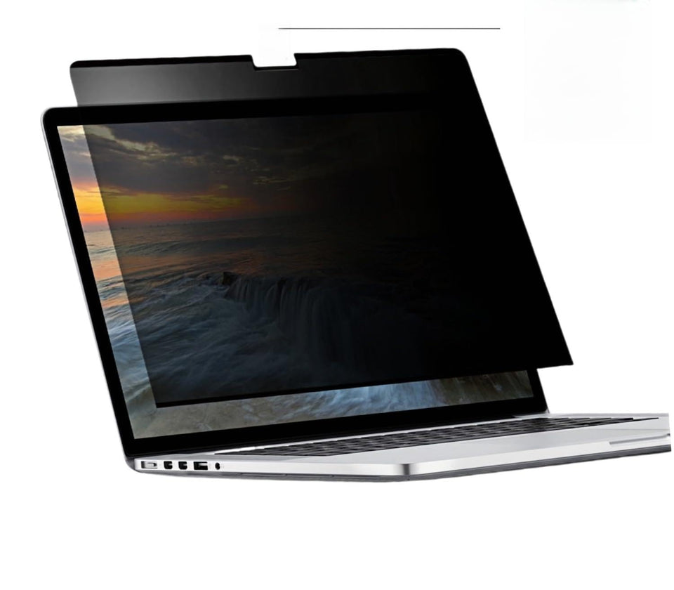 Brevynx easy-on-off magnetic privacy filter in use on a MacBook Air for private viewing