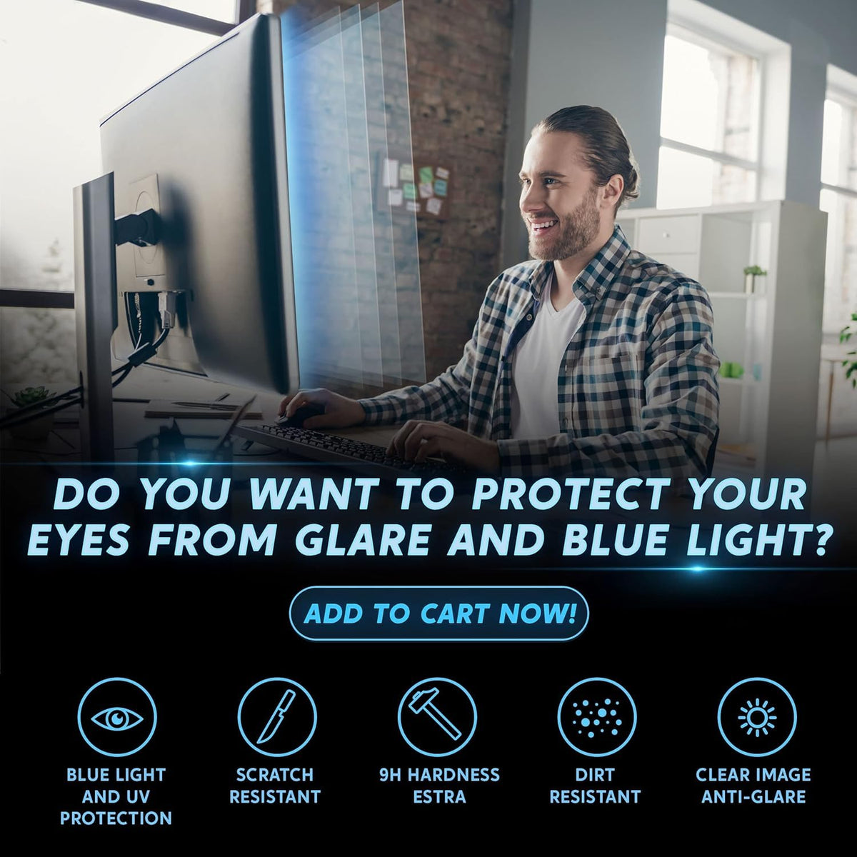 Brevynx protector installed on monitor showing anti-glare effect