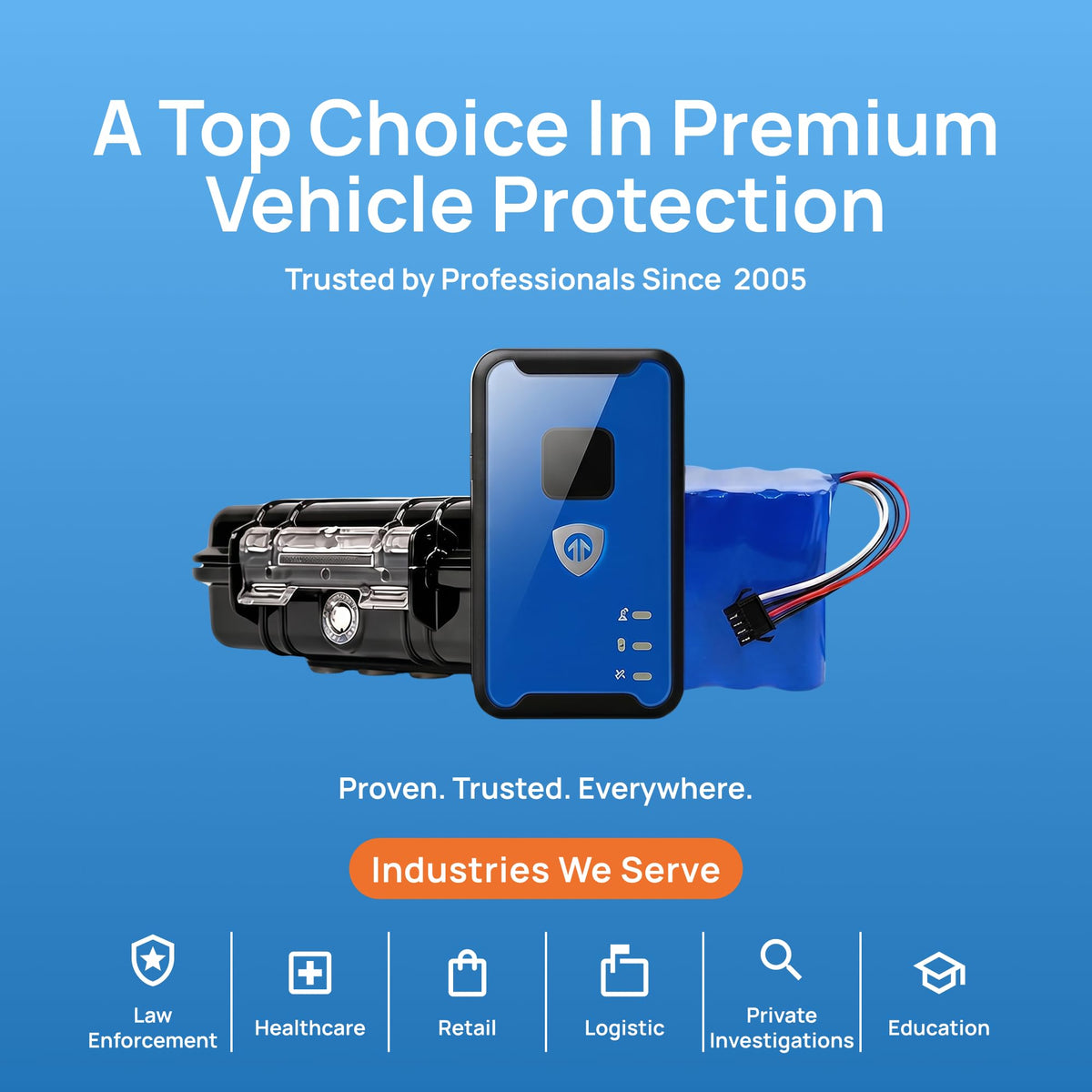 Brickhouse Security extended battery pack beside tracker illustrating extended 140-day runtime advantage