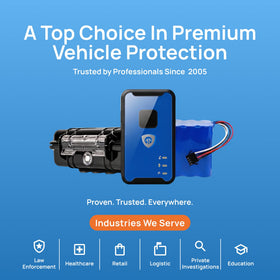 Brickhouse Security extended battery pack beside tracker illustrating extended 140-day runtime advantage