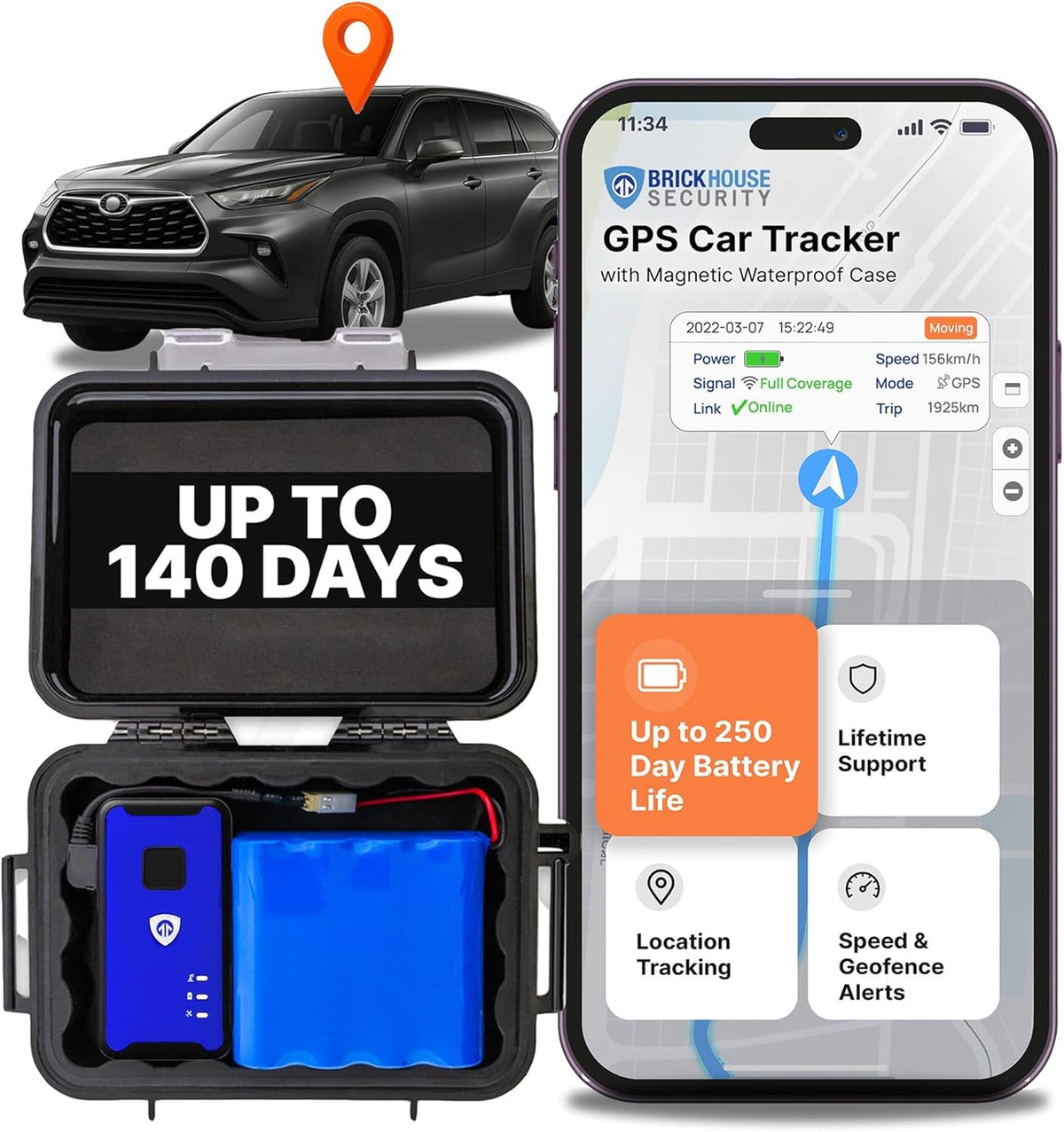 Brickhouse Security Spark Nano 7 front view showing compact tracking device with protective case benefits discreet monitoring