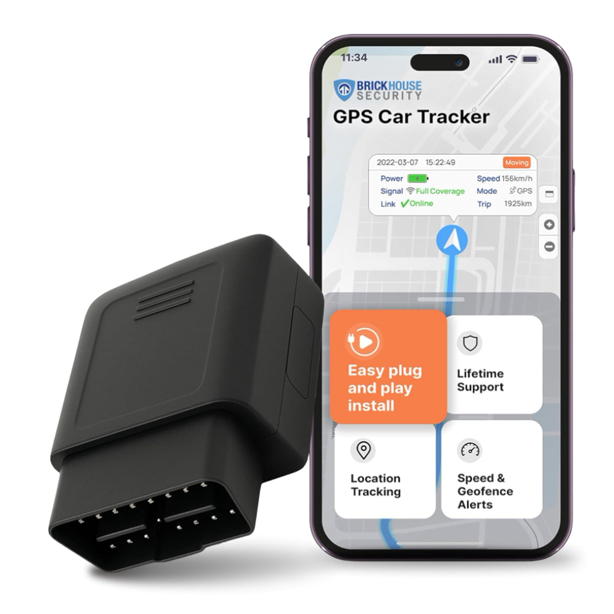 Brickhouse Security TrackPort front view showing compact plug-in design for easy install