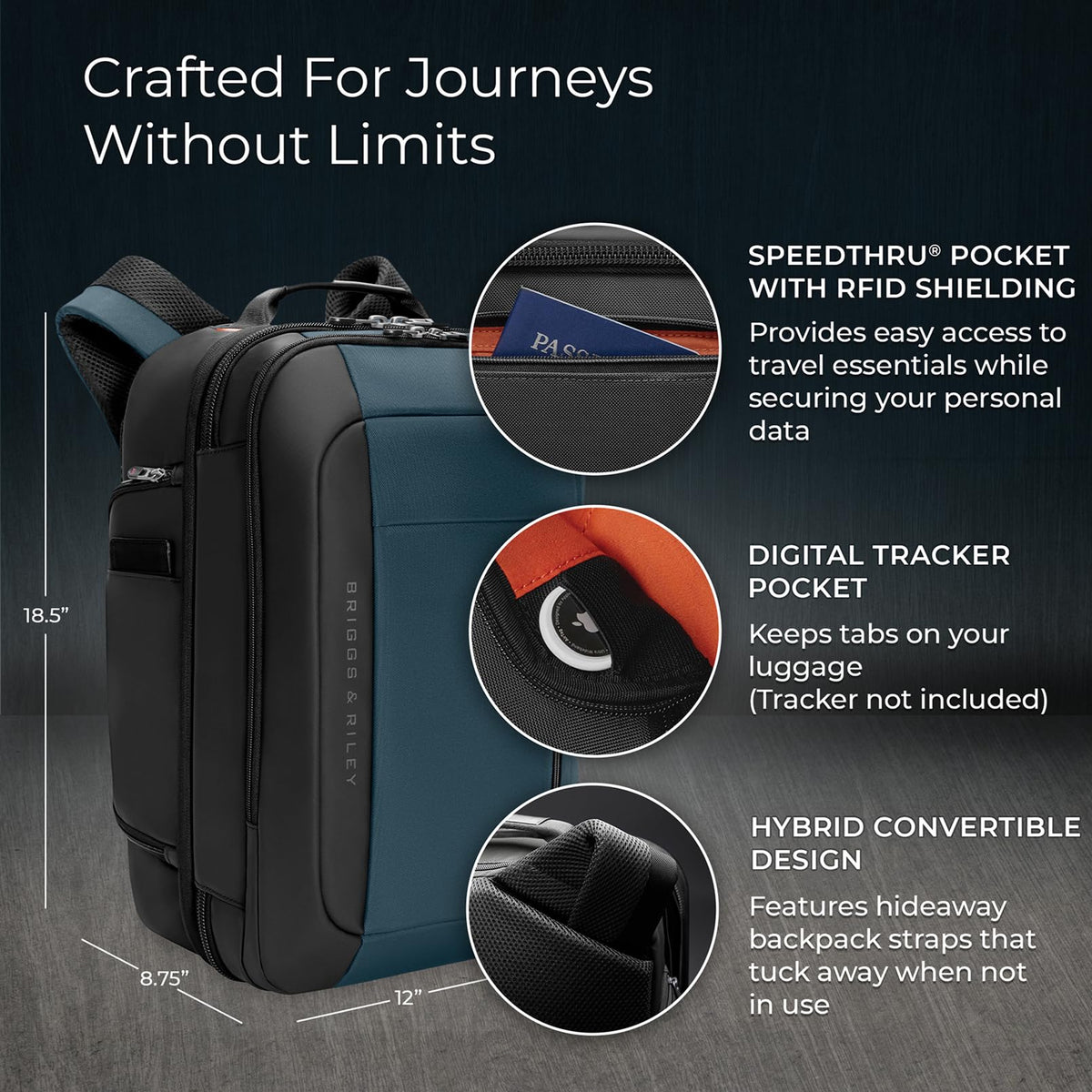 Briggs & Riley ZDX bag in backpack mode with hands-free travel comfort.