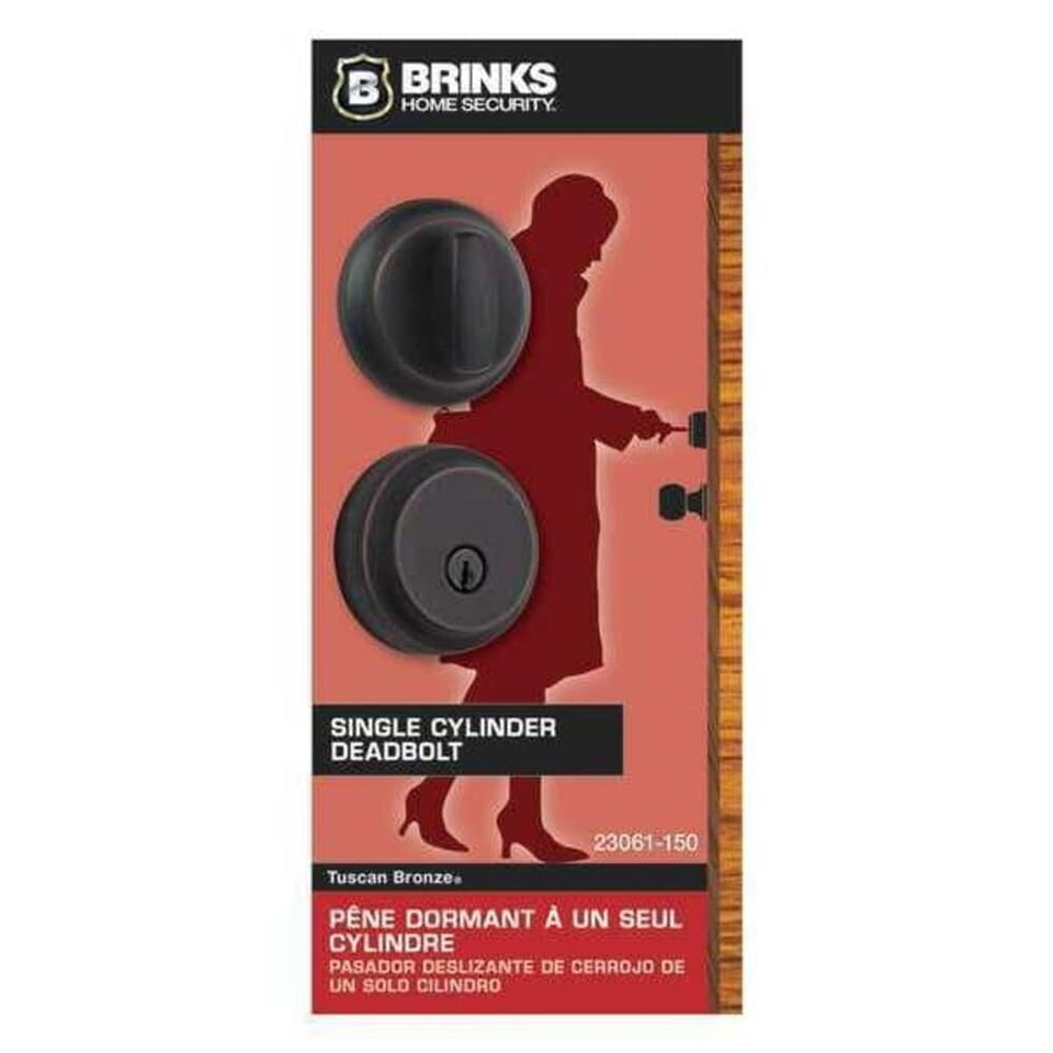 BRINKS deadbolt front view showing Tuscan bronze finish and secure appearance benefit