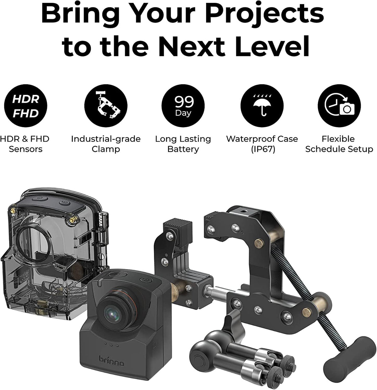 Brinno ACC1000P mount clamp secures attachment on various surfaces.