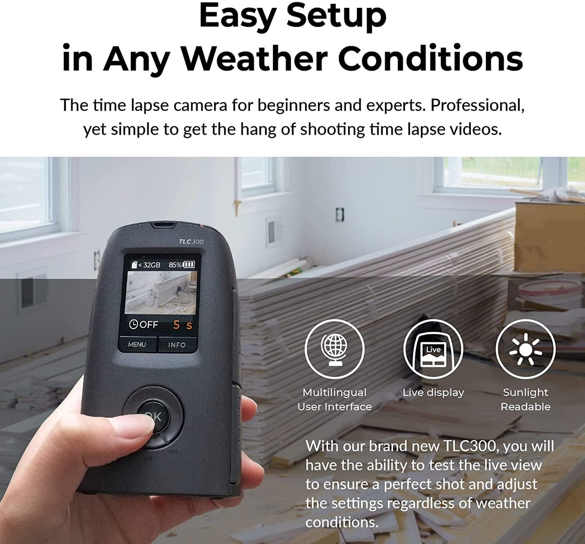 Brinno TLC300 back LCD screen enables quick framing.