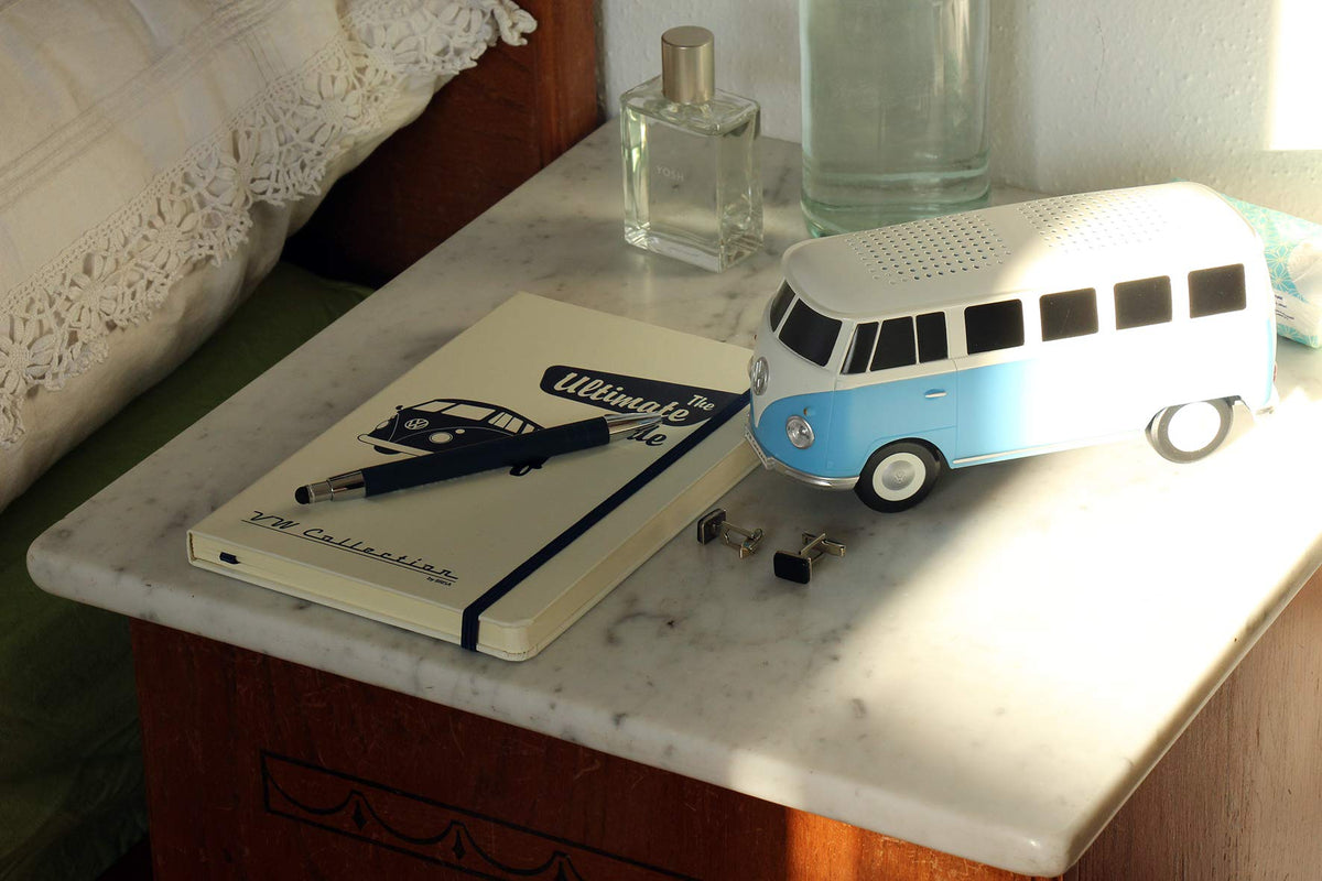 BRISA VW Collection bus speaker charging cable and USB port for quick recharge.