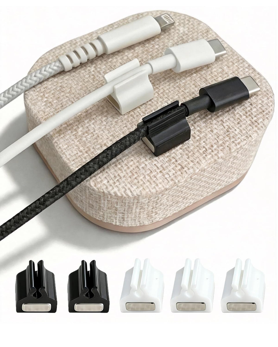 Brolena magnetic cord holder on a desk base keeps cables within reach and tidy