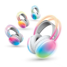 Brookstone four-pack wireless headphones for group listening sessions.
