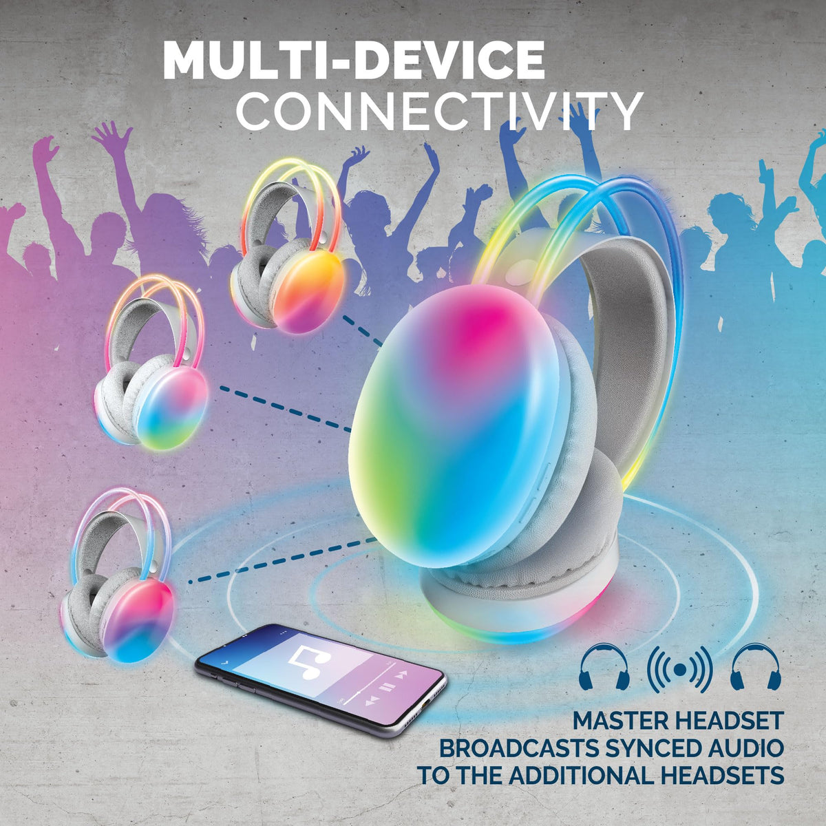 Brookstone headphones with rainbow LED lights for a vibrant party ambiance.