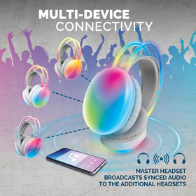 Brookstone headphones with rainbow LED lights for a vibrant party ambiance.