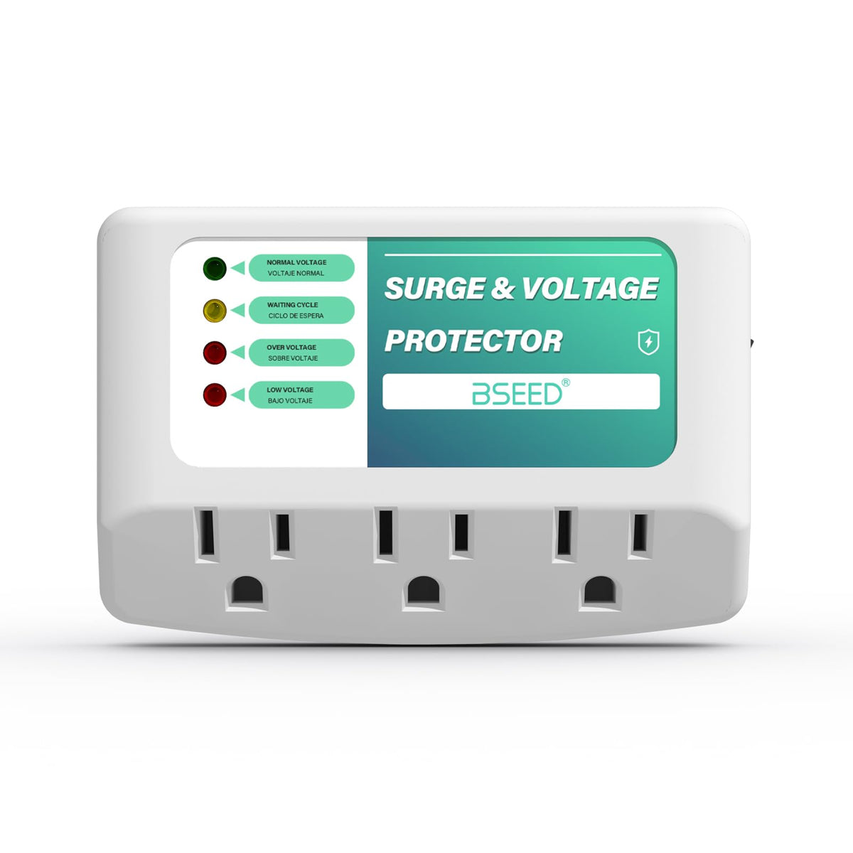 BSEED 3-outlet surge protector front view with status indicators for safe power