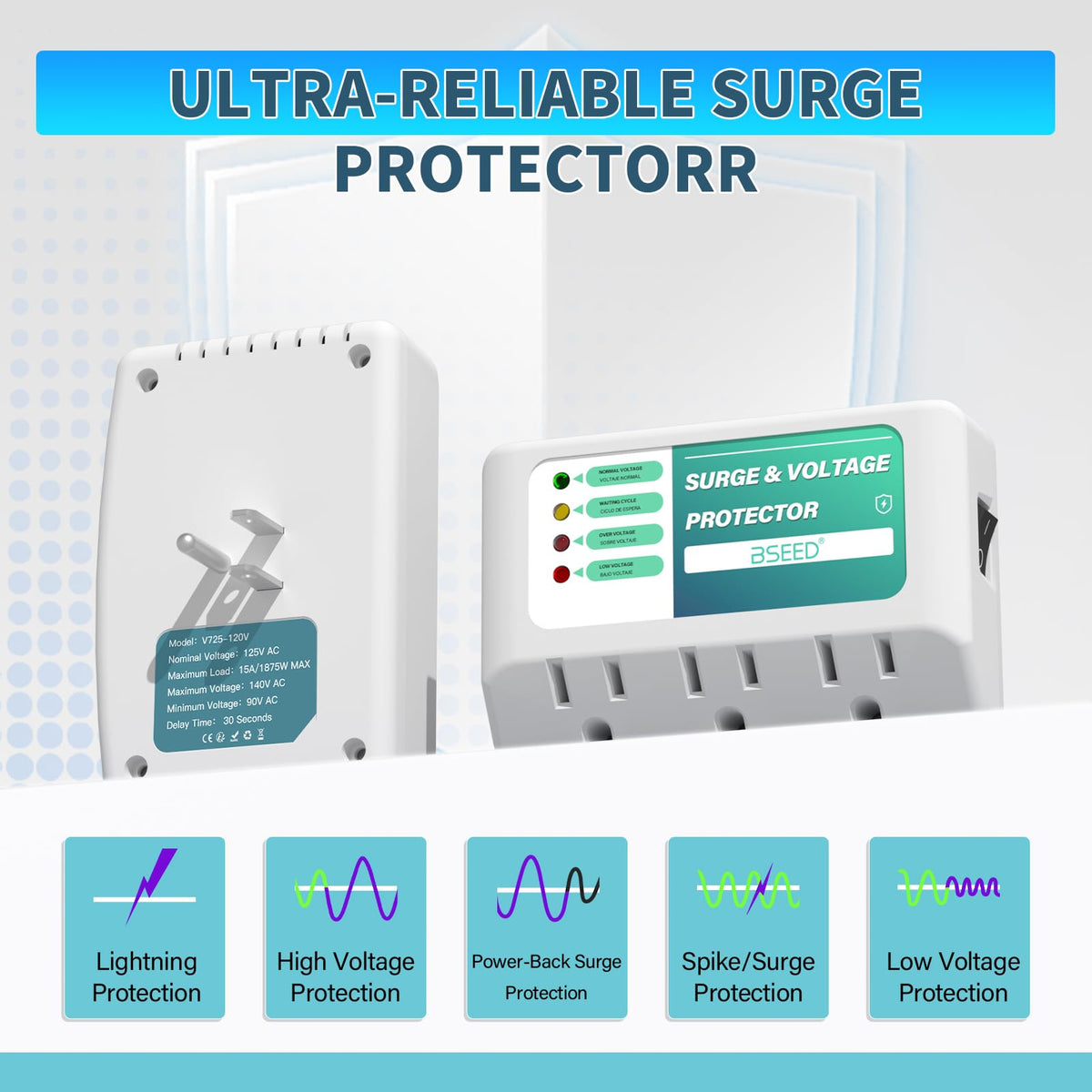BSEED surge protector with LED indicators showing Normal, Overvoltage, and Undervoltage