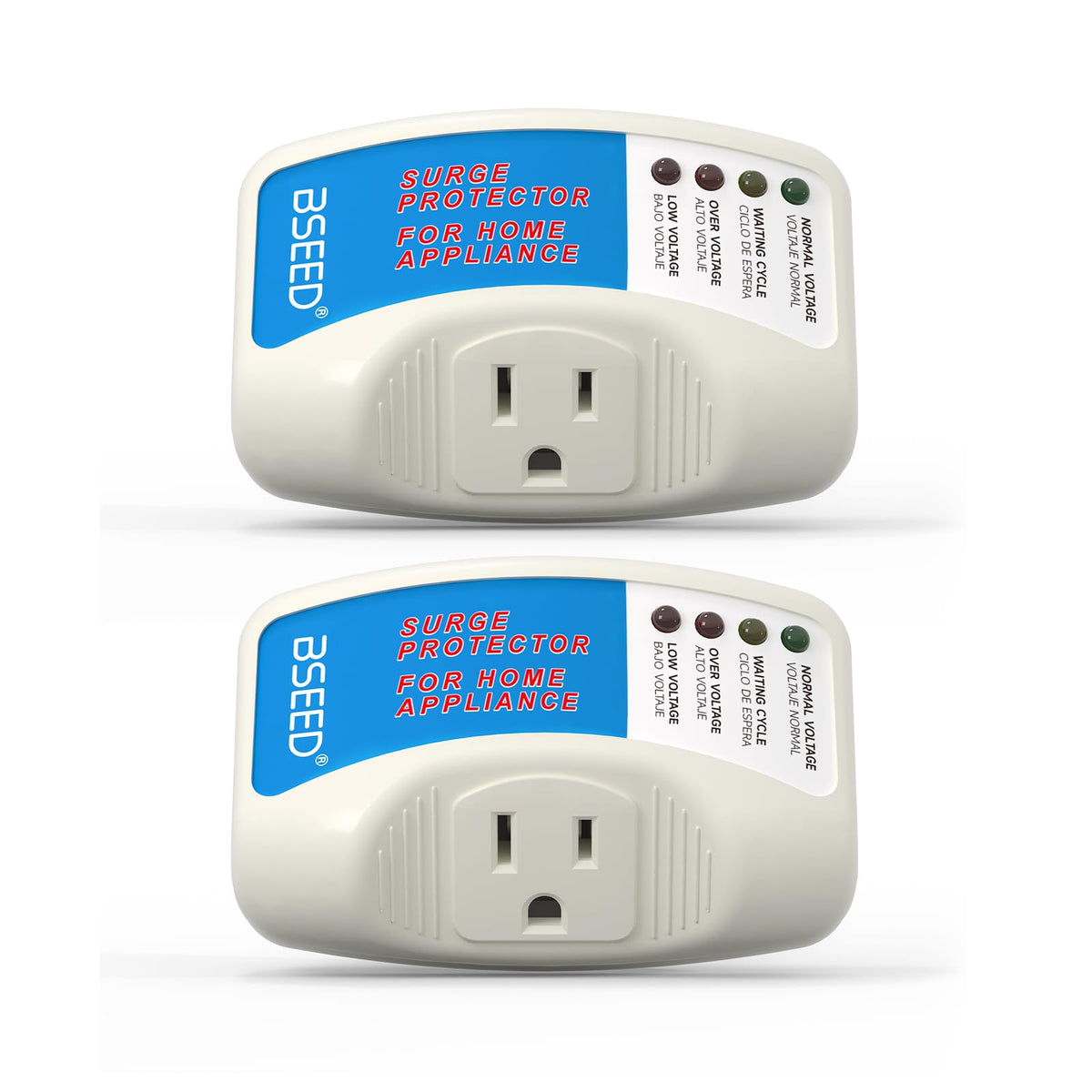 BSEED front view plugged in showing single outlet and grounded plug protects a device