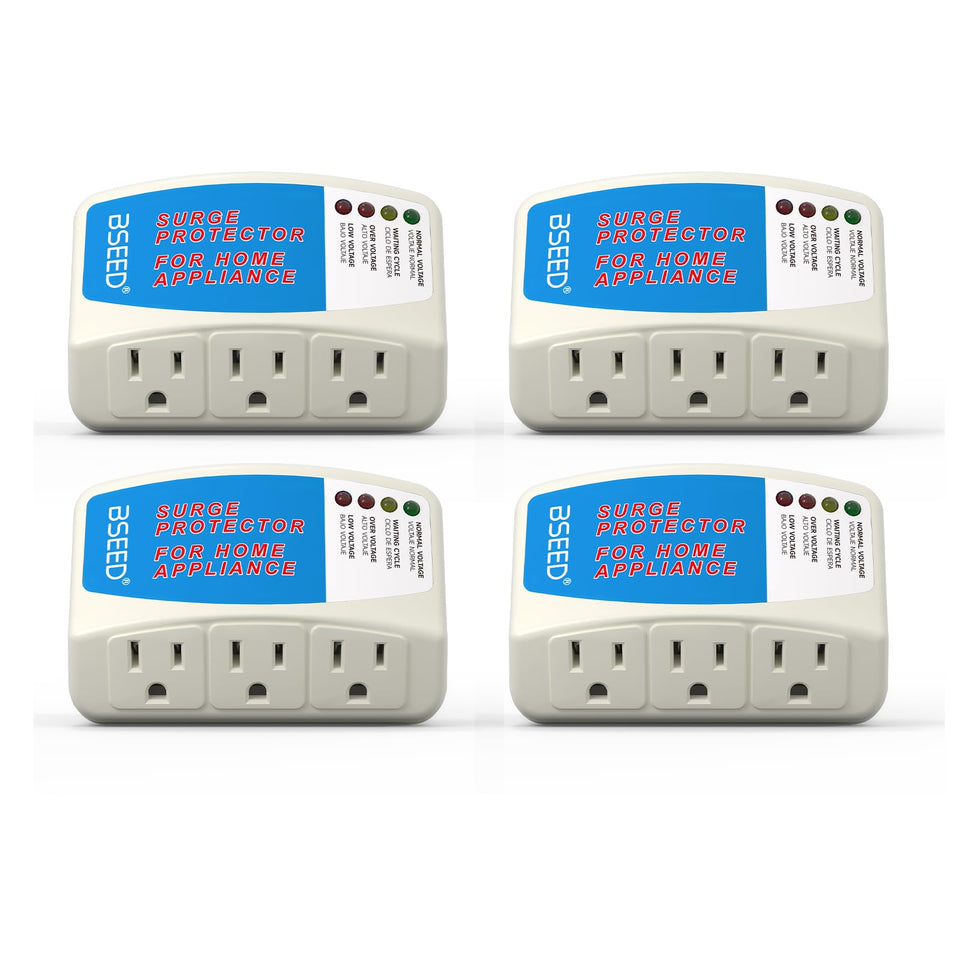 BSEED front view showing three outlet layout and compact profile protecting appliances