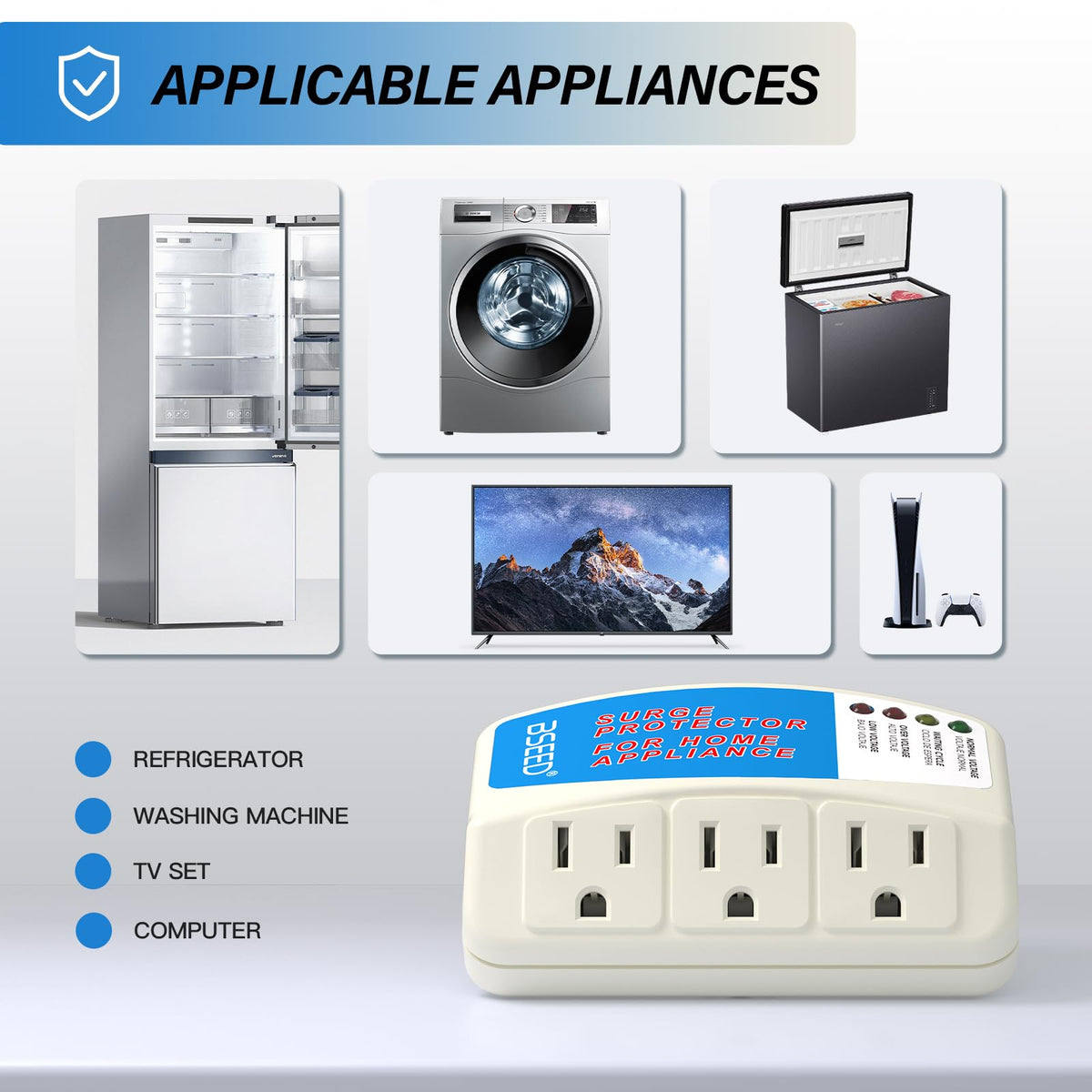 BSEED protector plugged into wall behind refrigerator demonstrating appliance protection