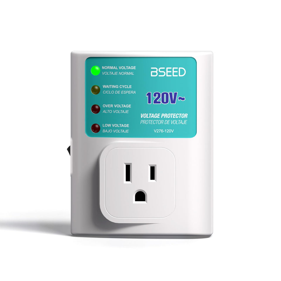 BSEED refrigerator surge protector front view showing compact design and single outlet usage for spikes