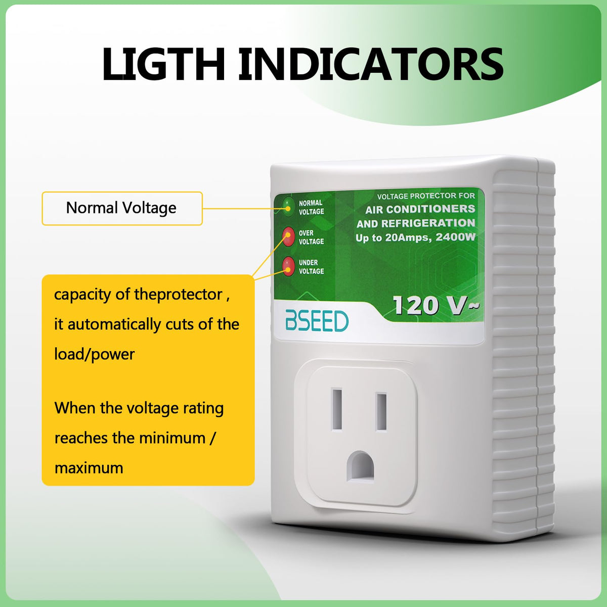 BSEED surge protector green-light indicator confirms active protection and normal voltage.