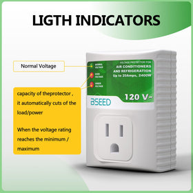 BSEED surge protector green-light indicator confirms active protection and normal voltage.
