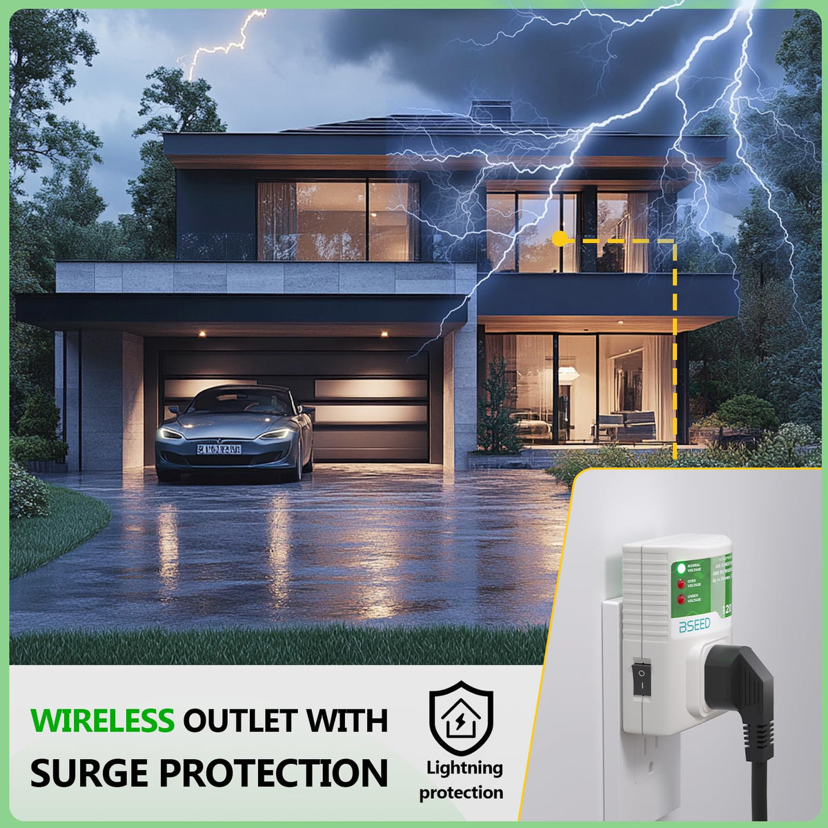 BSEED surge protector installation-process image shows easy plug-in setup for homes.