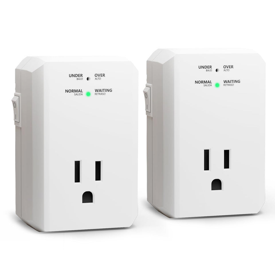 BSEED wall tap surge protector front view with LED indicators showing protection.