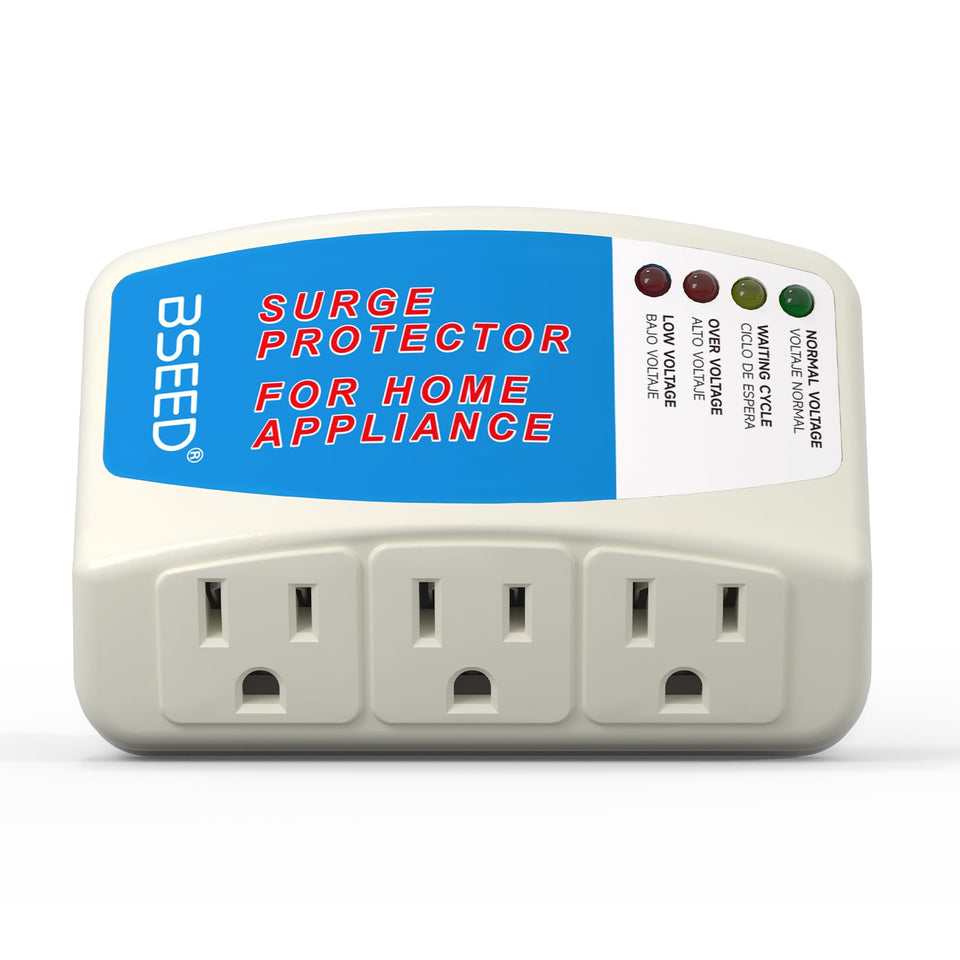 BSEED Voltage Protector with 3 outlets, wall-mount ready, protecting home devices from surges.