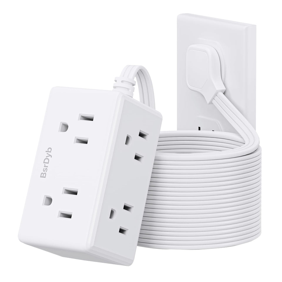 BsrDyb 15ft flat plug power strip with six outlets, ideal for clutter-free dorm desks.